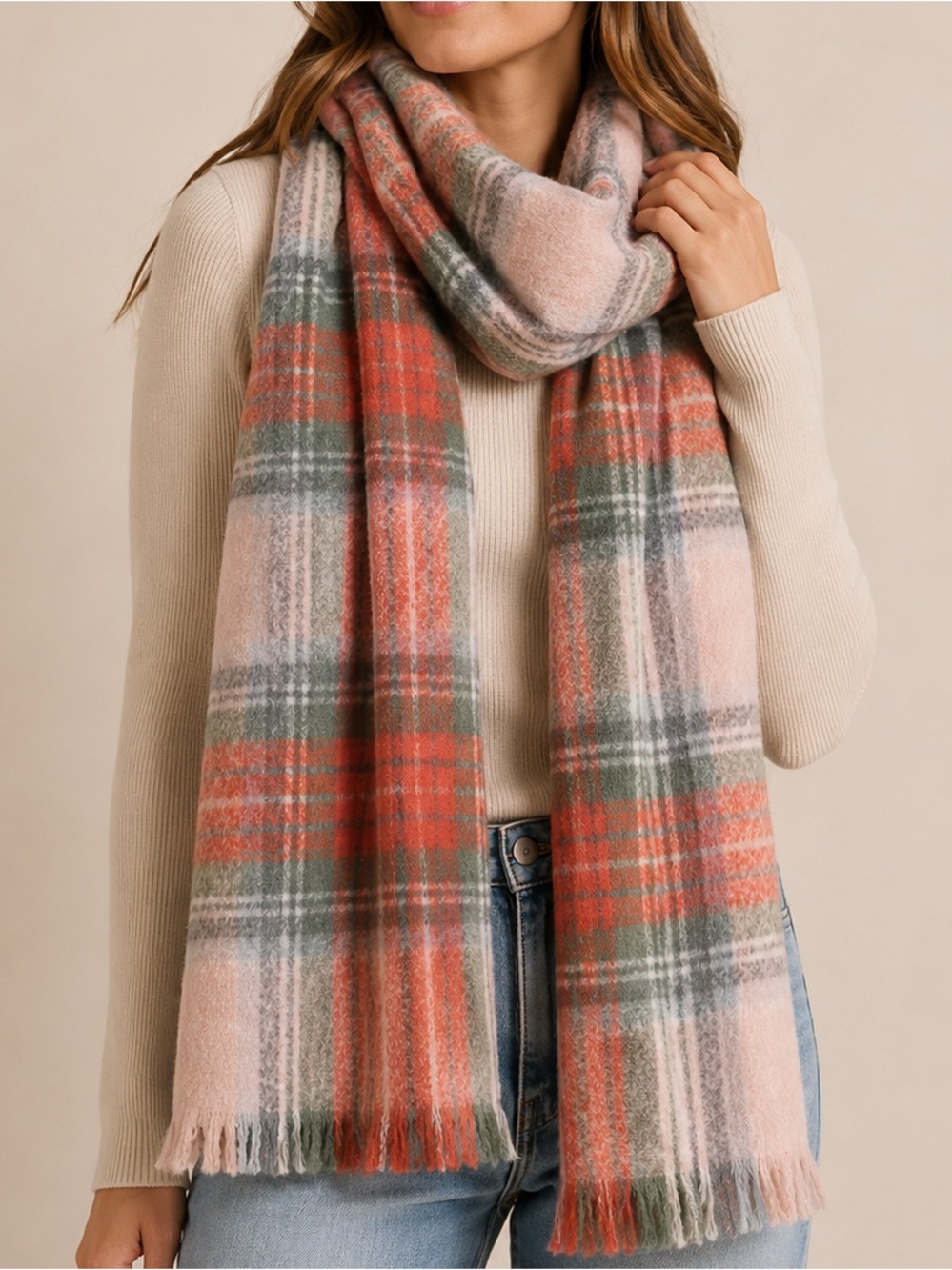 Love & Lore Plaid Fringe Blanket Scarf Pink Grey Orange Oversized Wrap